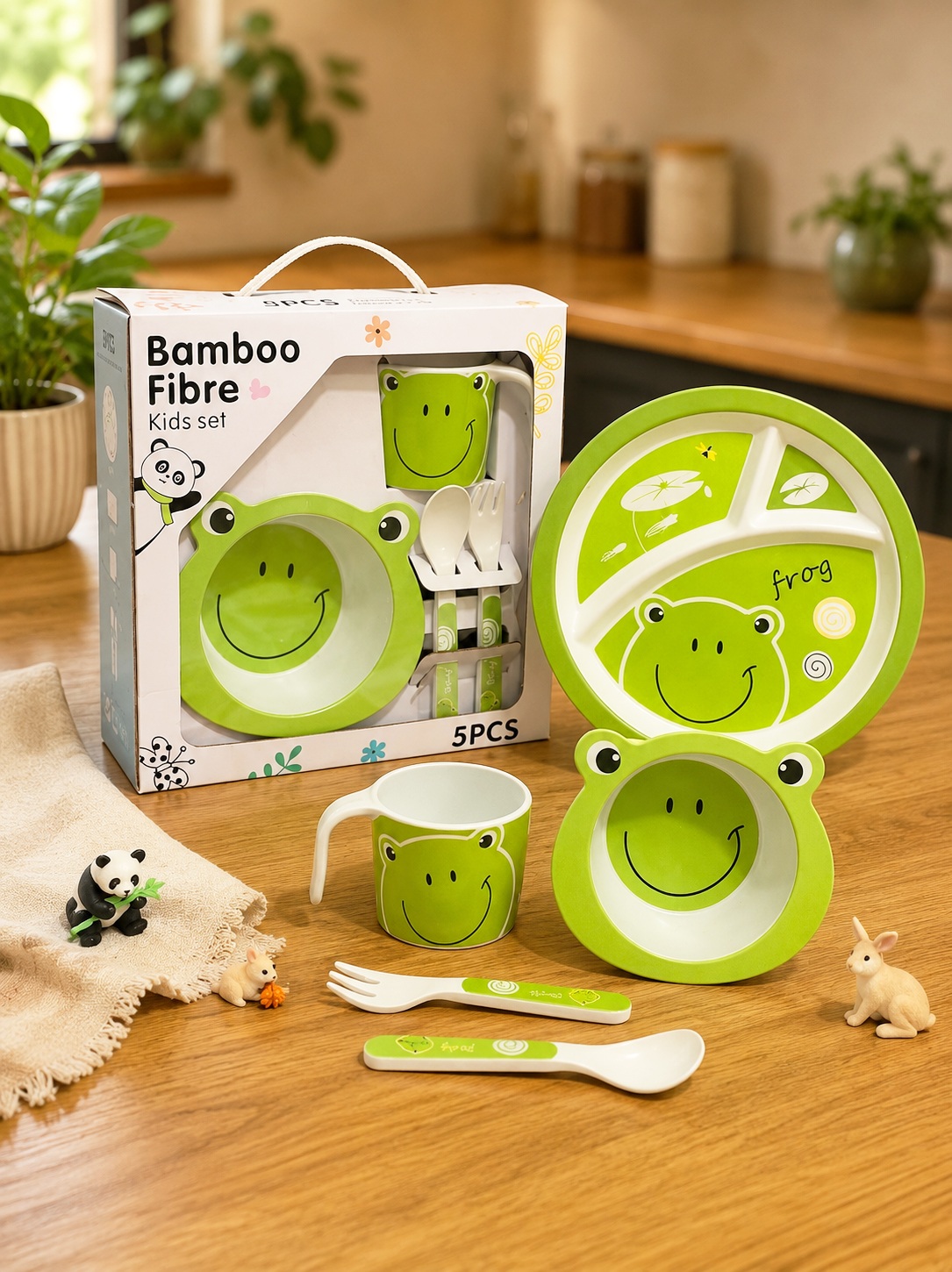 Set repas Bébé 5 pièces en Fibre de Bambou – Grenouille